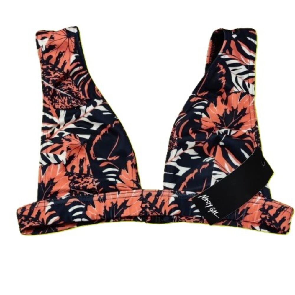 Nasty Gal Just Add Water Leaf V-Neck Bikini Top Size 6 Black Orange Floral